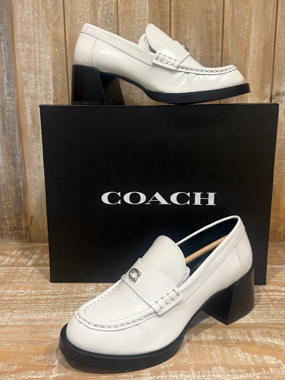 COACH Natalie Leather Loafer Women's 7 Block Heel Preppy Slip On White New